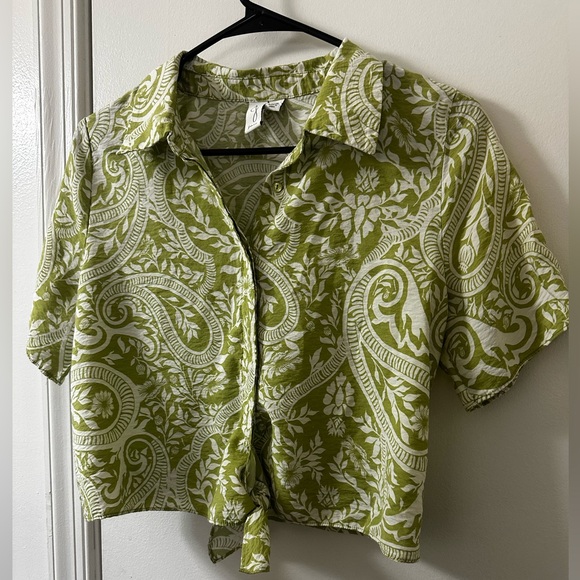 Joie Green Paisley Print Tie-Front Button Down Crop Top - Size Medium - Picture 4 of 6